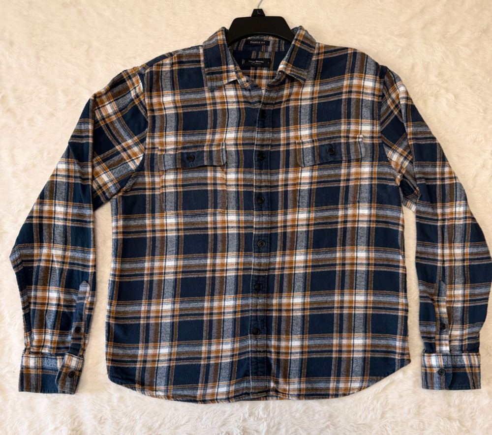 Lucky Brand Mens L Blue Orange White Plaid Long Sleeve Flannel Shirt Classic Fit